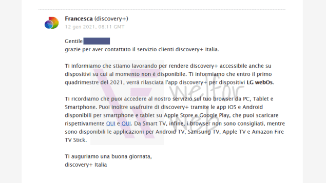 Mail Discovery+plus lg, DPLAY, discovery su tv